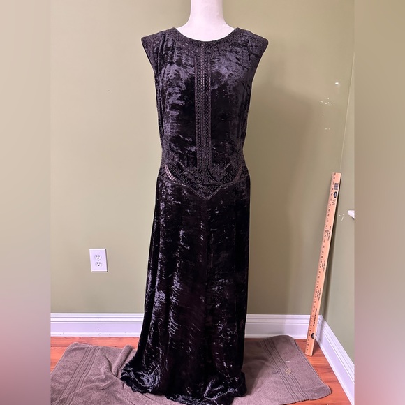 Mondi Silk Velvet Burnout VTG Beaded Maxi Dress Evening Gown Goth Flapper Sz 38 - Picture 1 of 12